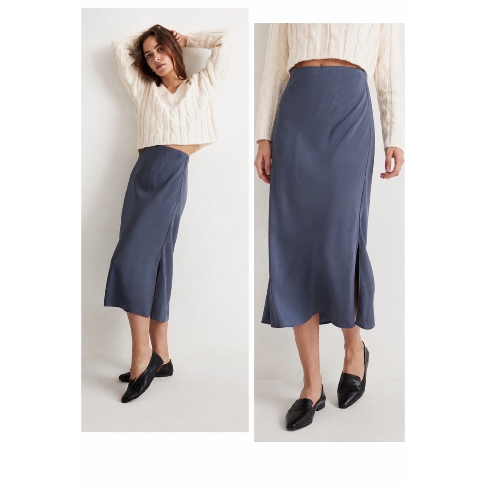 Madewell Layton Satin Midi Skirt 16 Blue Slip Bias Cut Old Money Chic